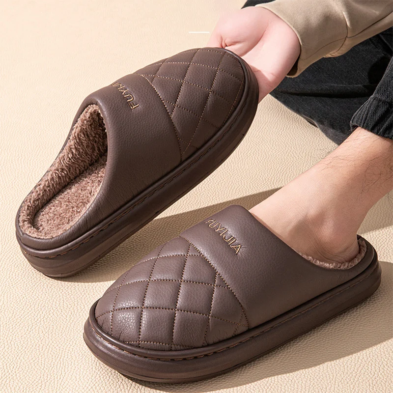 Plus Size 47 Winter Waterproof Thick Bottom Slippers Men Soft Pu Leather Fuzzy Lined Cotton Shoes Man Indoor Outdoor Plush Slide