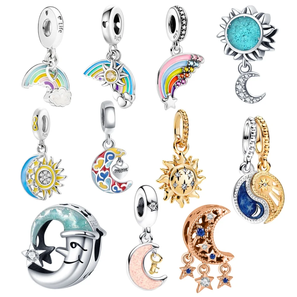 

Original 925 Sterling Silver Rainbow sun moon Design pendant DIY Charms Bracelet Fit Women Girl Fashion Jewelry Accessories Gift