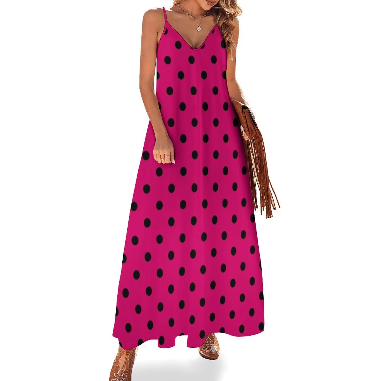 

Large Black on Dark Hot Pink Polka Dots Sleeveless Dress luxury dress women's elegant loose dresses