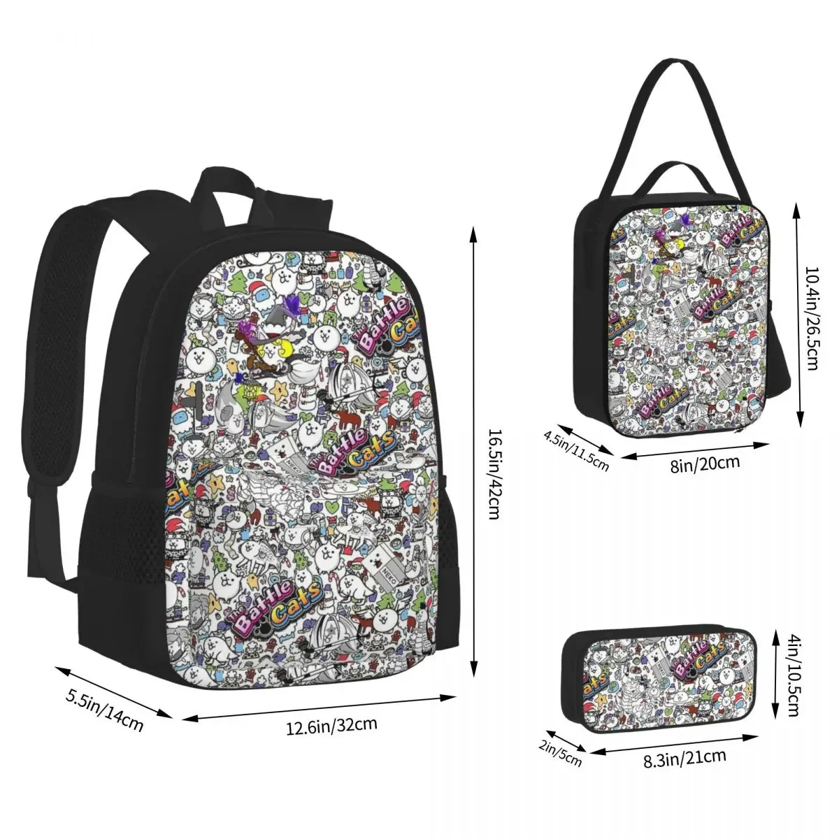 Zaini Battle Cats Ragazzi Ragazze Bookbag Borse da scuola per bambini Cartone animato Zaino per bambini Borsa per il pranzo Borsa per penne Set di tre pezzi