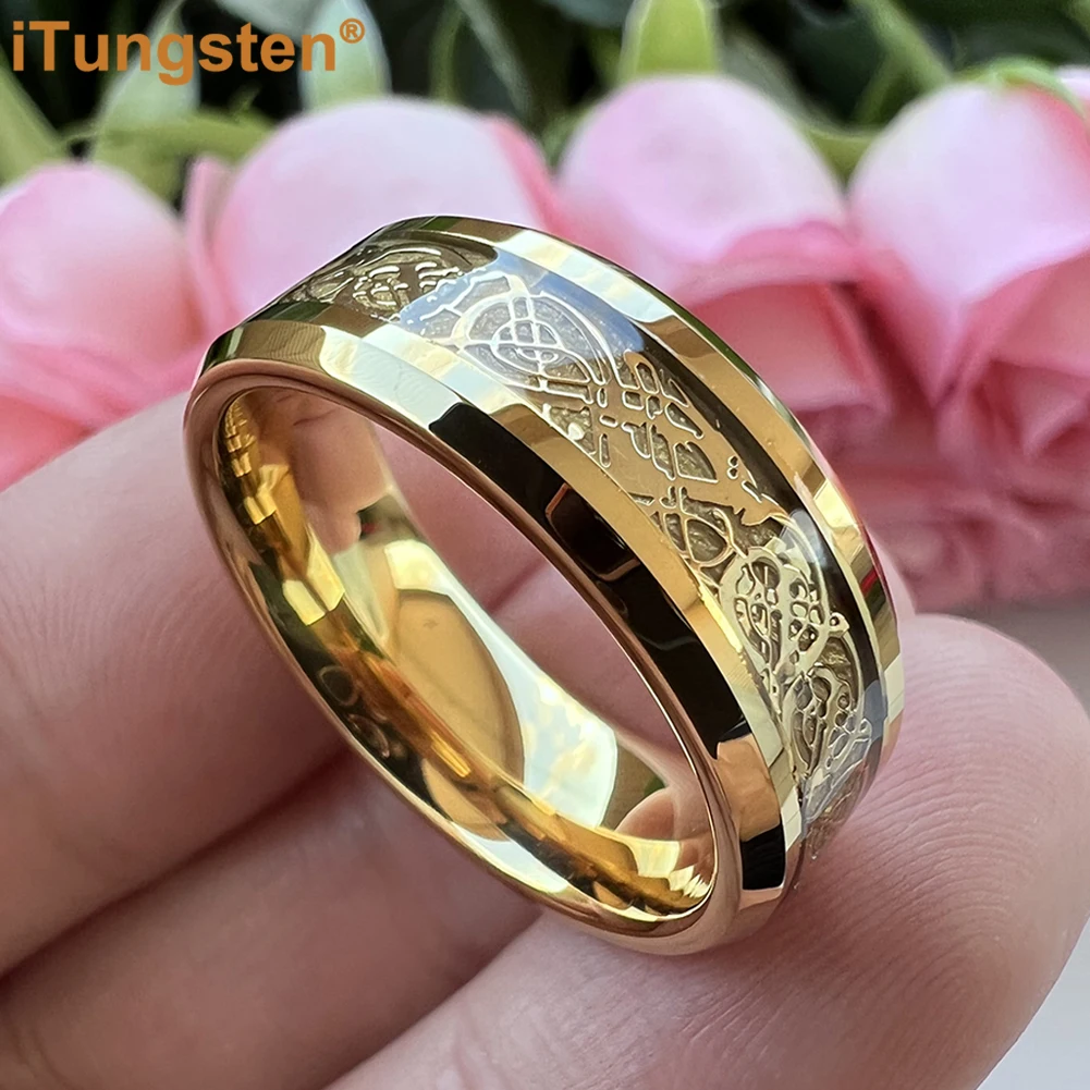 

iTungsten 8mm Men Women Tungsten Wedding Band Carbon Fiber Dragon Ring Inlay Shiny Polished Beveled Edges Comfort Fit