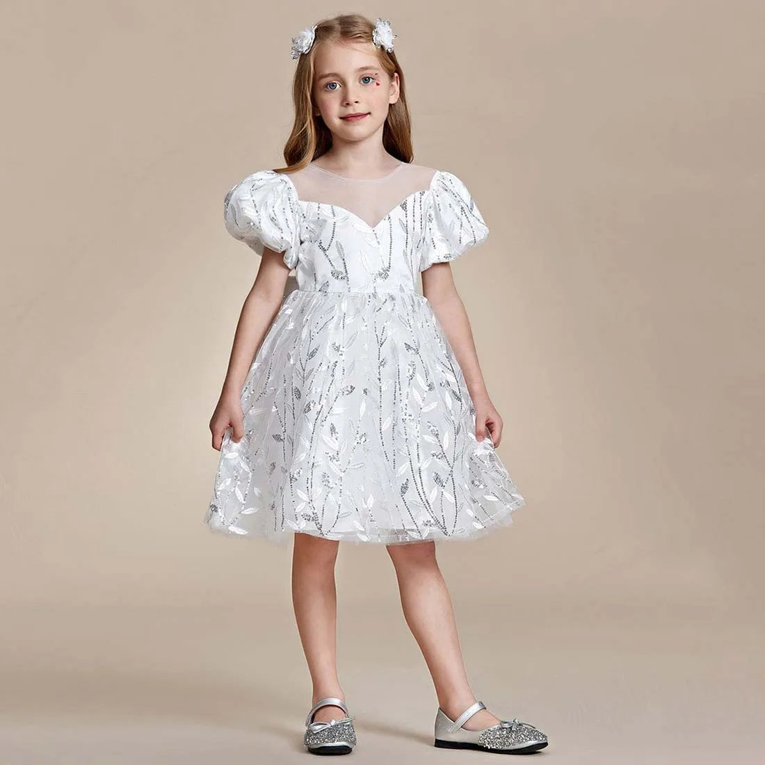 YZYmanualroom Sparkling A-line Flower Girl Dress with Puffy Sleeves 2-15T