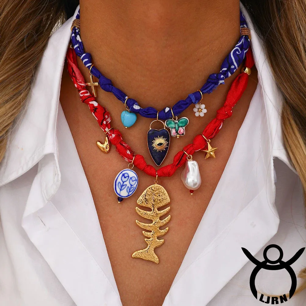 

2025 New Fish Necklace Flower Butterfly Stainless Steel Pendant Print Silk Scarf Necklace Choker for Women Jewelry Collar pez