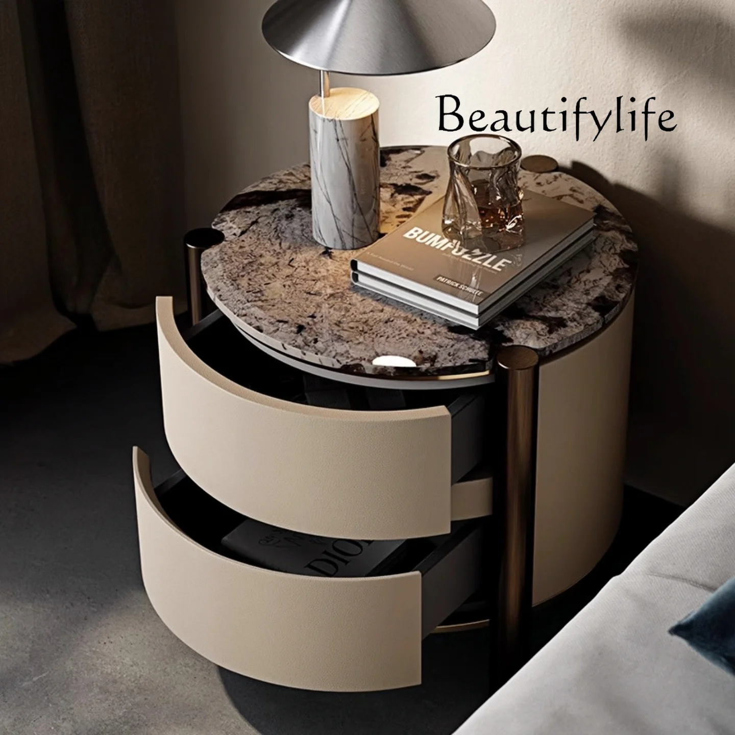 Italian light luxury designer new simple bedroom bedside cabinet natural marble multi-function