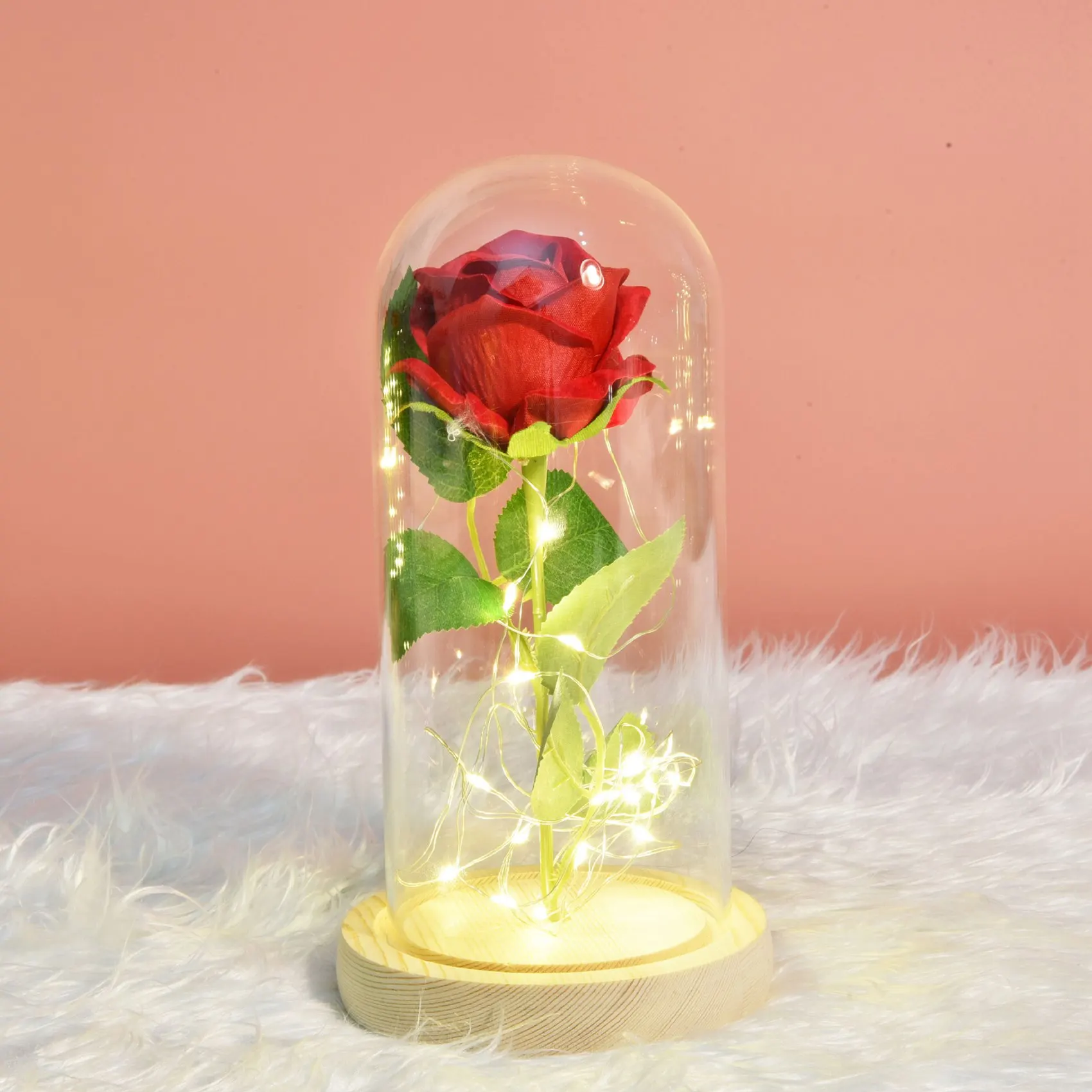 Beauty Rose in LED Glass Dome Forever Rose Red Rose Valentine's Day Mother's Day Special Romantic Gift-Wood Color