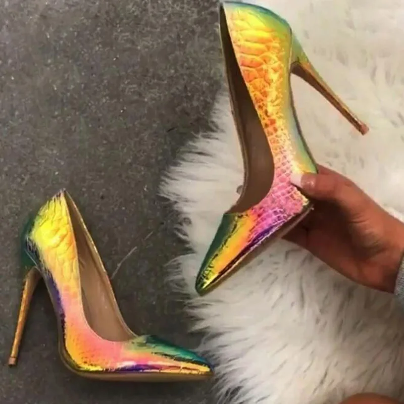 

Laser Colorful Intrigue Python Leather Pumps 12/10/8Cm Stiletto Heels Pointed Toe Woman Sexy Low-Cut Slip On Banquet Shoes