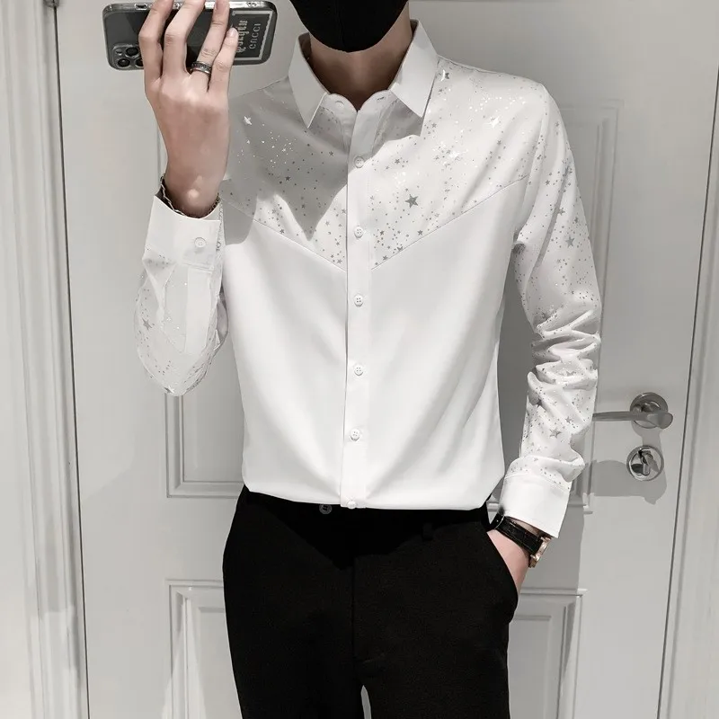 New Men's Shirt Spring  Autumn Star glitter Long Sleeved Shirt Men Nightclub Casual Social Party wear Male Patchwork Shirts