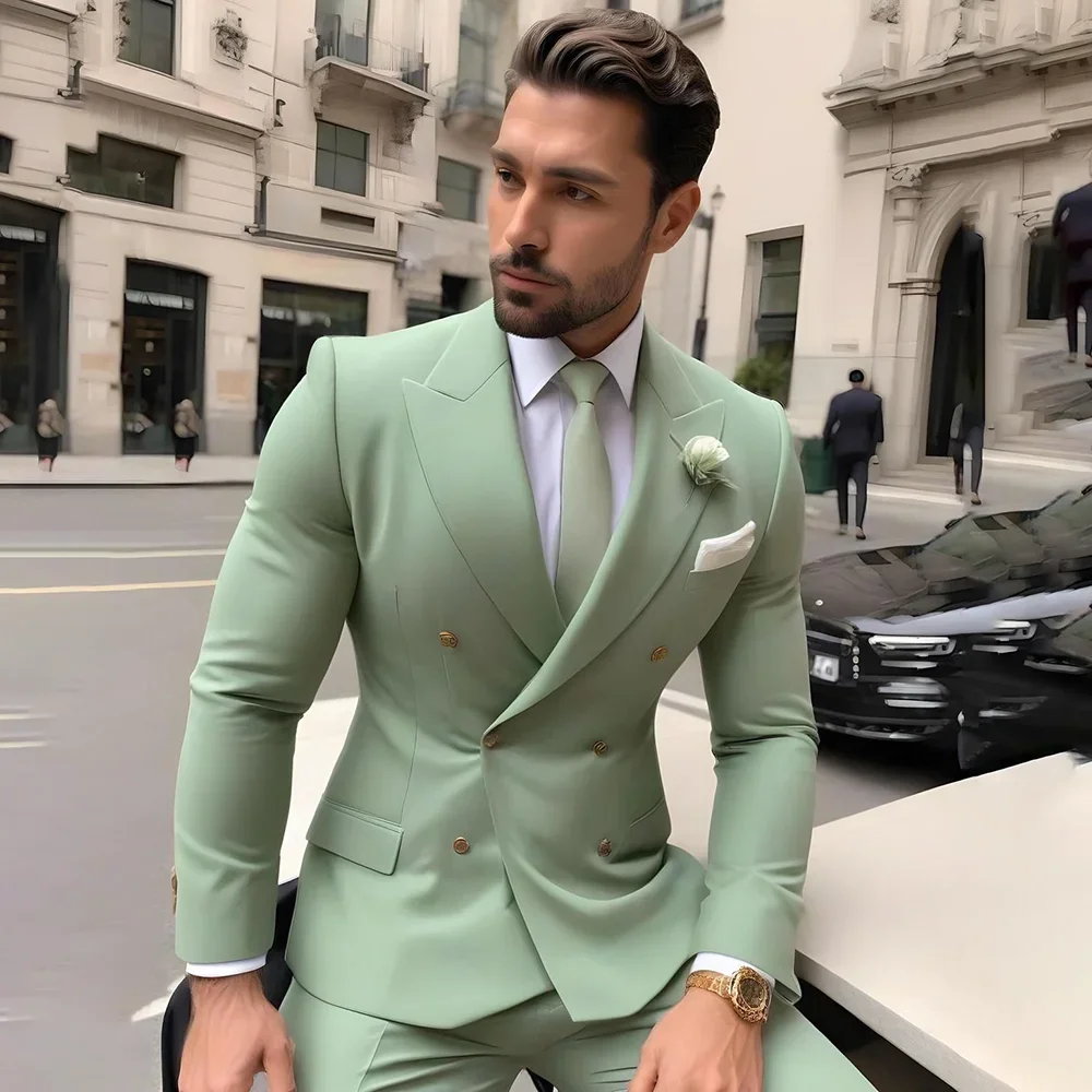 

Light Green Men Suits 2 Pieces Double Breasted Tuxedo Wedding Groom Formal Business Dinner Party Dress Custom Jacket Pants