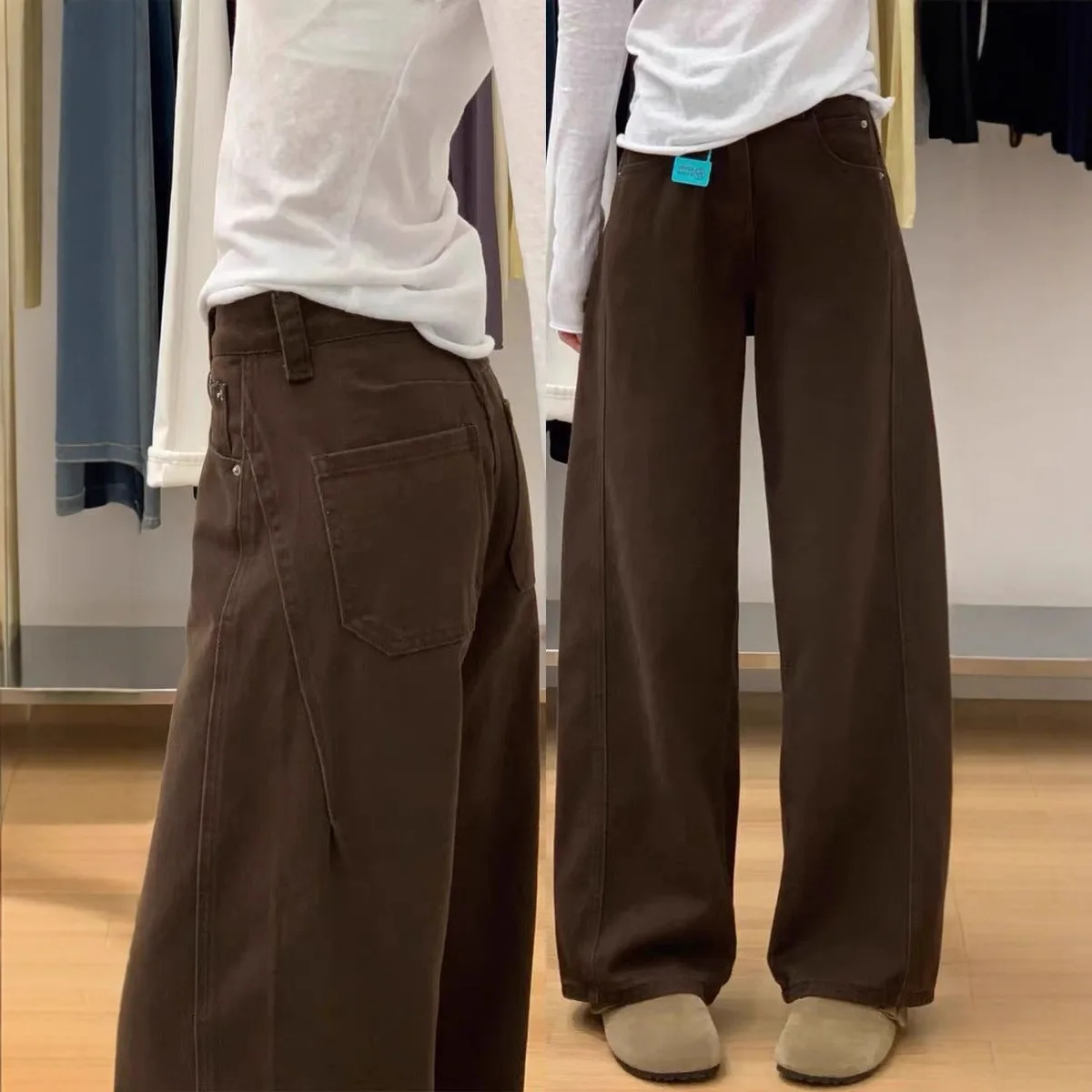 

2025 New Retro Curved Blade Jeans Women's Brown Pear Shaped Fit Straight Wide Leg Super Slimming Pants