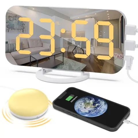 Alarm Clock with Bed Shaker Loud Vibrating Alarm Clock for Heavy Sleepers with Wake Up Light B Ports LED Mirror Display Dimmer
