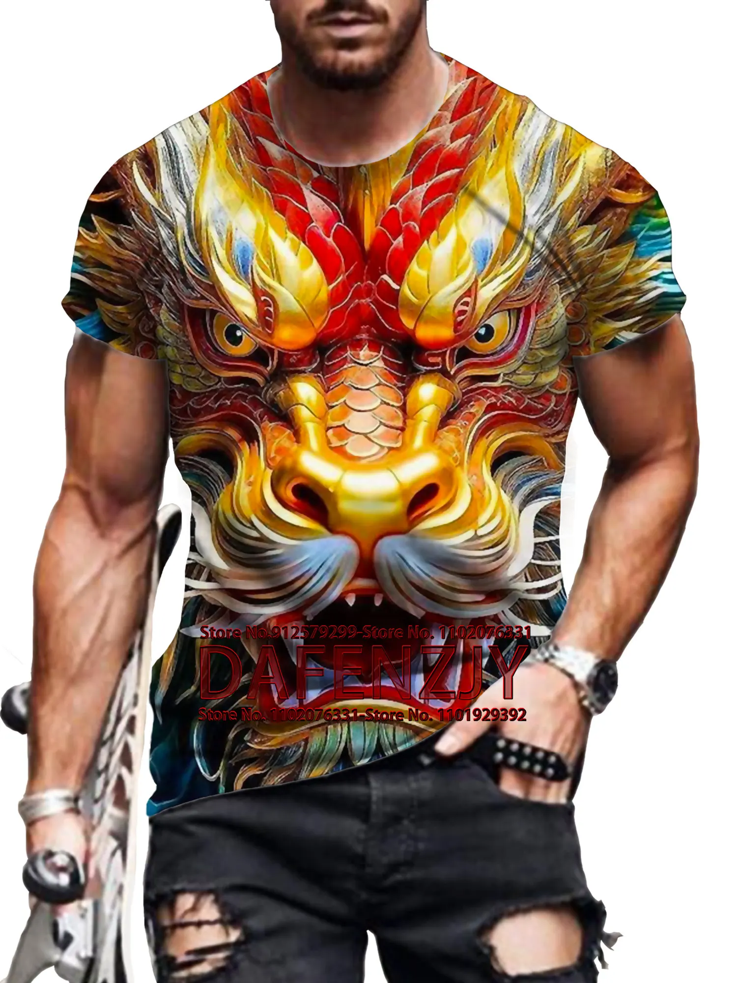 Men\'s Summer T-shirt Loose Vintage Fitting Vintage Fashion Animal Dragon Print Short Sleeve 3D O-Neck T-shirt