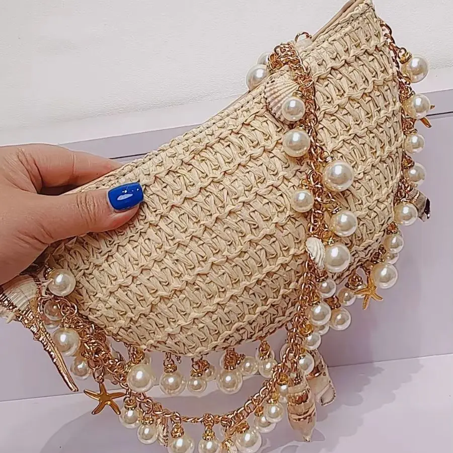 Handmade Pearl Conch Straw Woven Bag For Women Summer Holiday Beach Wrapped Handbags Ladies Handheld Crossbody Bags Totes Hobos view 4