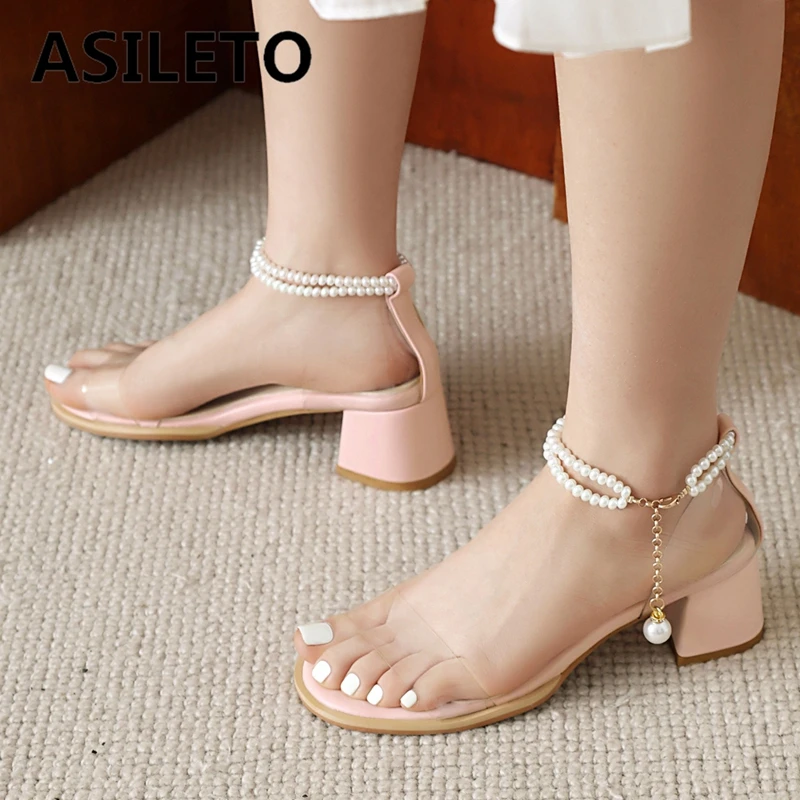 

ASILETO Brand Women Sandals 30 31 32 Open Toe Block Heels 5cm String Beads Strap Large Size 44 45 46 Summer Daily Female Shoes