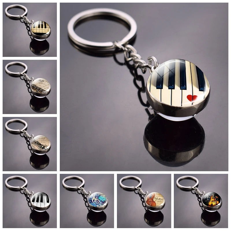 Piano keychain, picture of damaged musical instrument, glass ball keychain, guitar, clarinet, flute, violin, pendant, key ring, direct sales.