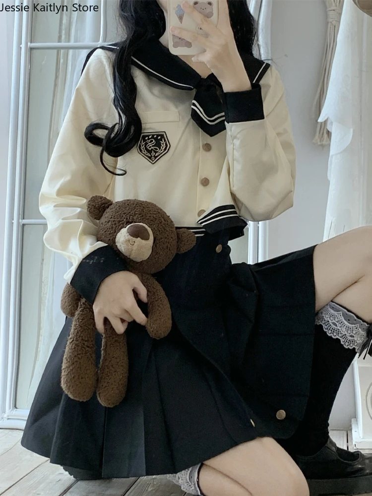 Uniforme Escolar Kawaii Japonês para Mulheres, Cosplay Garota Bonita, Uniforme JK, Manga Comprida, Top de Marinheiro, Mini Conjunto de Saia Plissada, Outono, Coréia