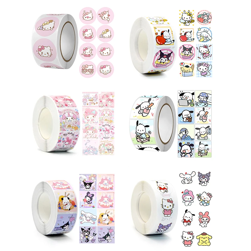 500Pcs/roll Sanrio Sticker Kawaii Kuromi Hello Kitty P Cinnamoroll Cartoon Kids Reward Stickers Gift Decoration Decals Toys