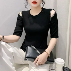 2023 New Summer European Style Cotton T-Shirt Chic Sexy Off Shoulder Shiny Beading Women Tops Half Sleeve Casual Hot Tees 33112