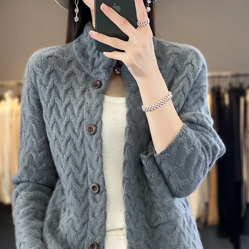 Autumn/Winter New 100% Merino Wool Clothing Women\'s Stand Up Collar Knitted Cardigan Fashion Korean Twisted Jacket Luxurious Top