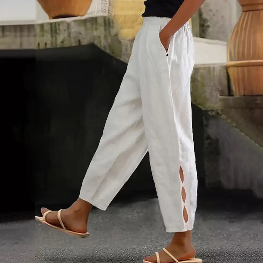 Calça casual solta feminina, elegante com elástico na cintura, meio ambiente para streetwear, verão