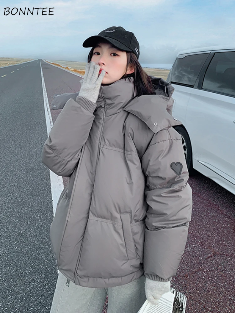 Winter Warm Parkas Women Baggy Casual Heart Embroidery Fashion Couples Hooded Coats Ulzzang All-match Soft Youthful Streetwear