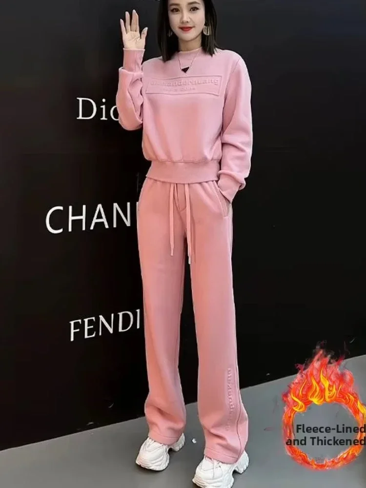Fashionable round Neck Sweatshirt Women's Set Autumn Winter New Style Slimming Casual Pants Sport Two Piece Set Long Sleeve