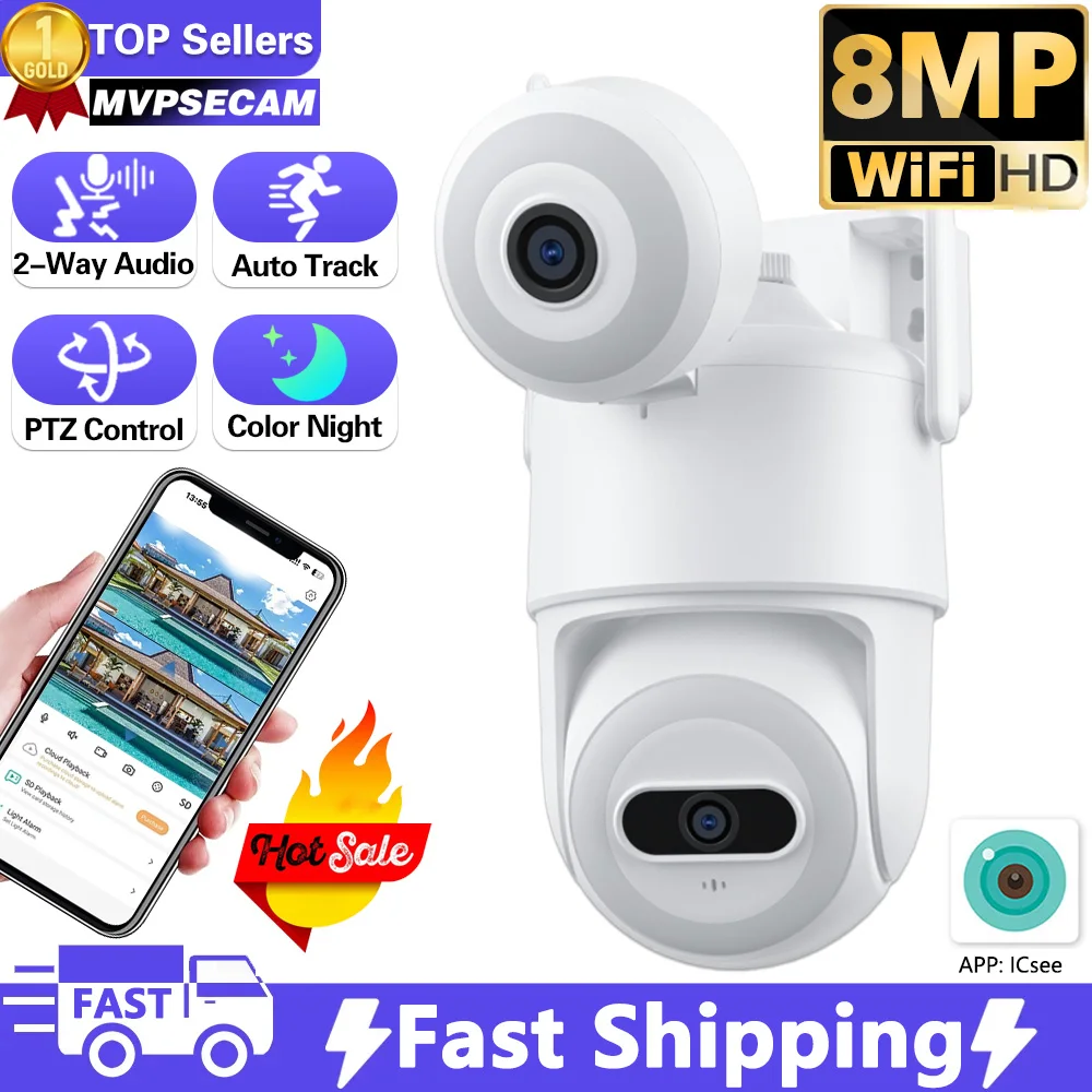 4K 8MP HD Dual Lens Dual Screen IP Camera Outdoor PTZ WiFi Camera Security 4MP HD Auto Tracking Video CCTV Camera iCSee