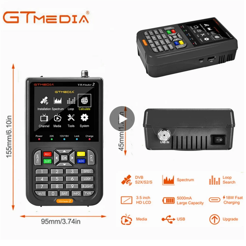 Gtmedia เครื่องวัด Finder2 V8เครื่องระบุตำแหน่งดาวเทียมดิจิตอล, ใหม่เครื่องวัดสัญญาณเครื่องตรวจจับสำหรับ DVB-S2X MPEG-2/4ชม. 264 8บิต