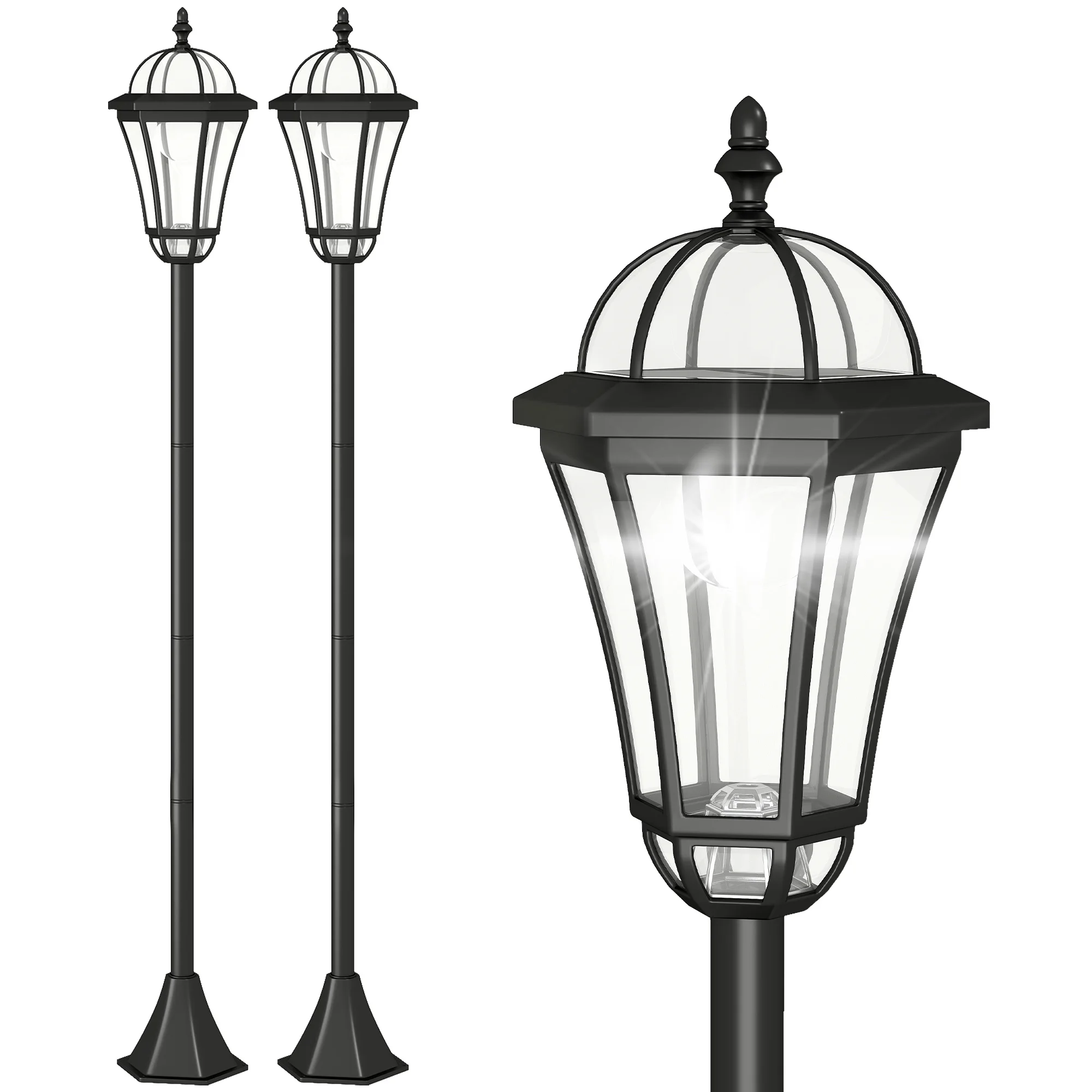 Outsunny 2 Lampioni solari da giardino con luce LED bianca 6000K Ip44 Set di 2 lampioni da esterno 18,5X18,5X129 cm Nero
