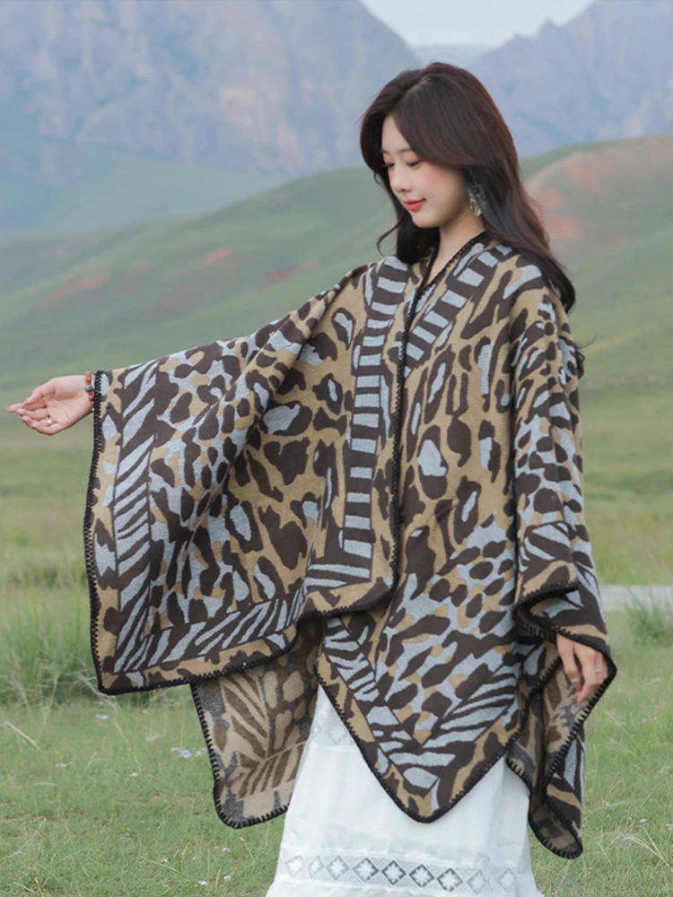 

Women Elegant Winter Scarf Knit Leopard Print Wrap Shawl Simple Casual Warm Scarve Capa Para Mujer Cloak Soft Comfortable Travel