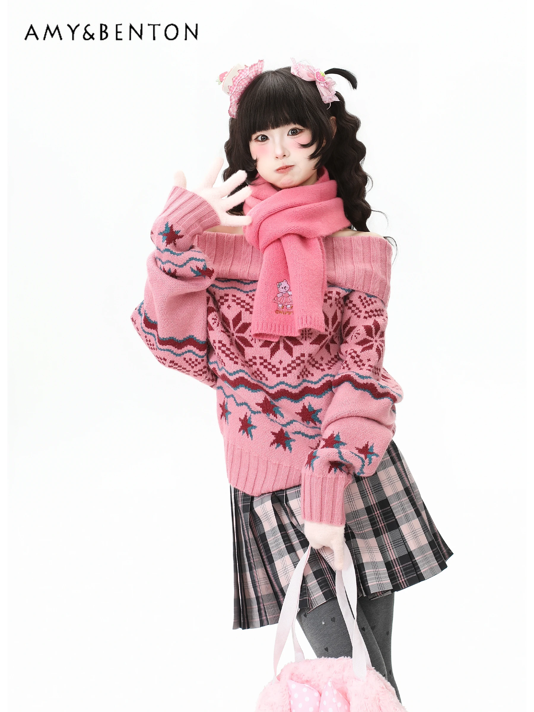 

Осень-зима 2022, новый утепленный вязаный свитер с открытыми плечами и вышивкой, розовый, синий, с длинными рукавами, черная, розовая короткая юбка