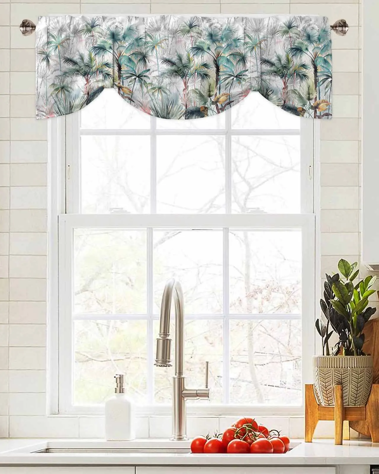 Tropical Plant Palm Tree Window Curtain Living Room Kitchen Cabinet Tie-up Valance Curtain Rod Pocket Valance