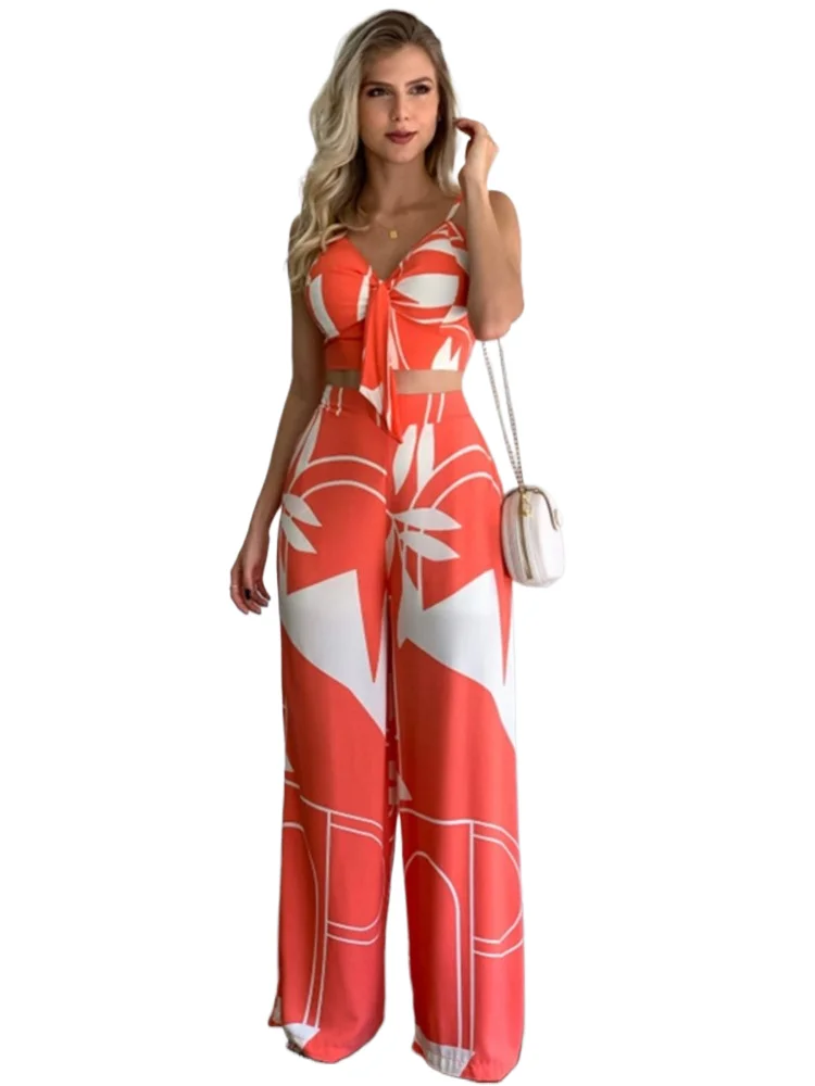 

Sexy V Neck Sleeveless Tops Pants Set Office Lady Spring Summer Casual Print Blouse Trousers Two Piece Set Women Outfit 2023