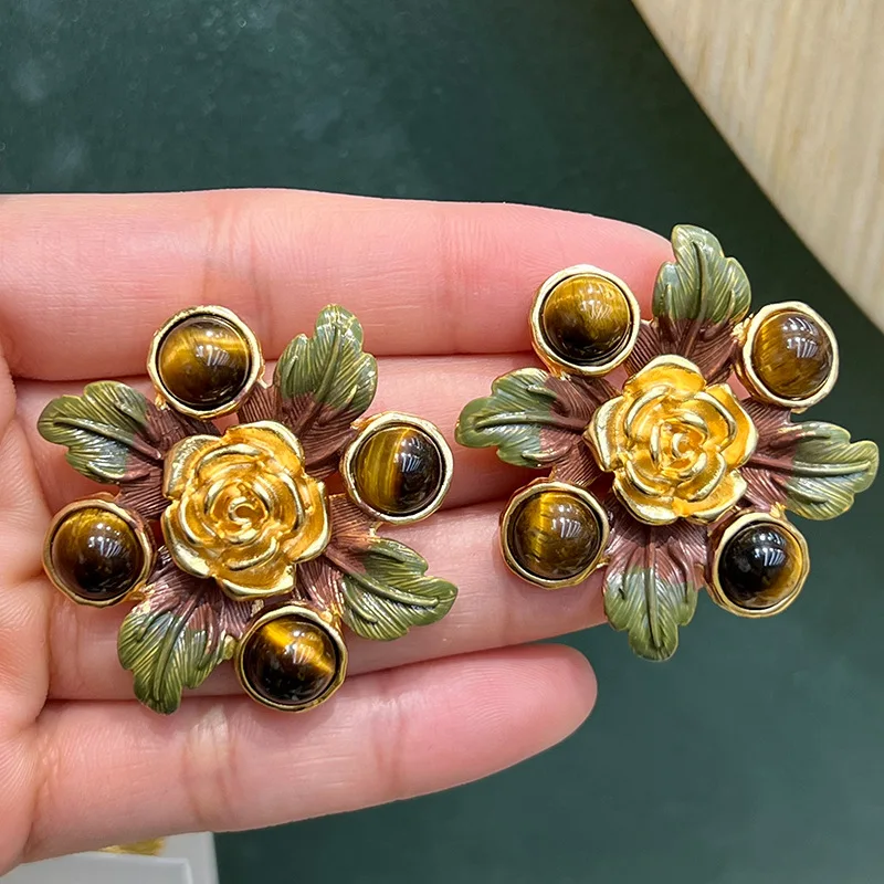 

Mirad Tiger Eye Stone Flower New Vintage Luxury Exquisite Earrings