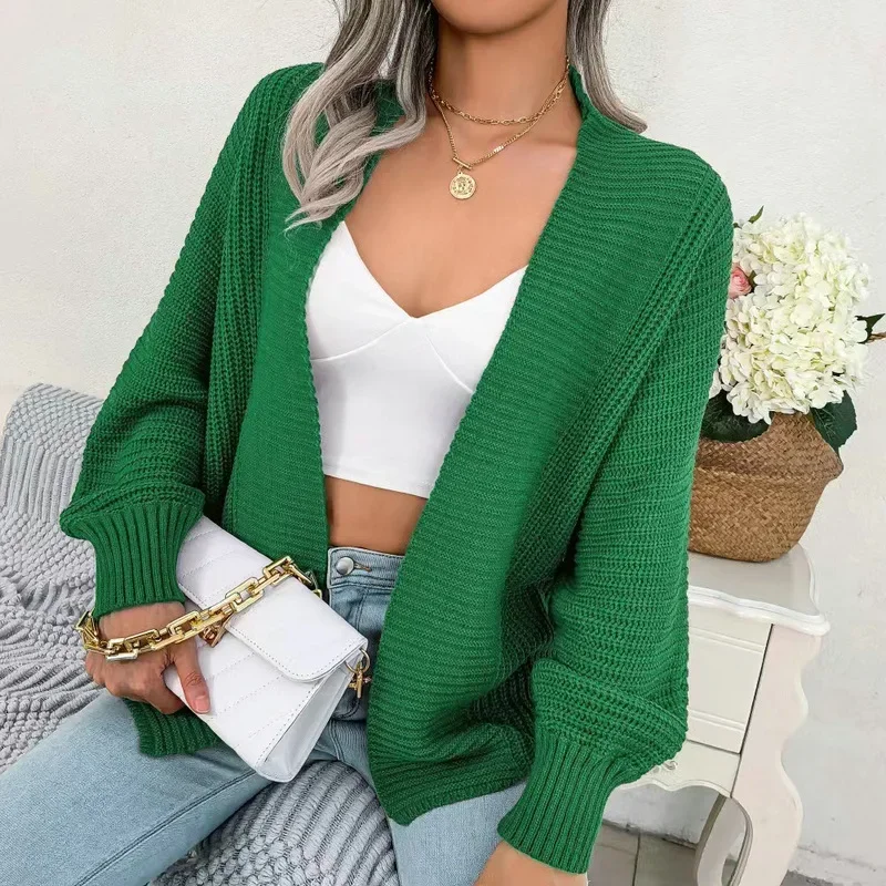 Women's Autumn and Winter New Fashion Casual Bat Long-sleeved Loose Cardigan Solid Color Knitting Buttonless Sweater Coat Y2k