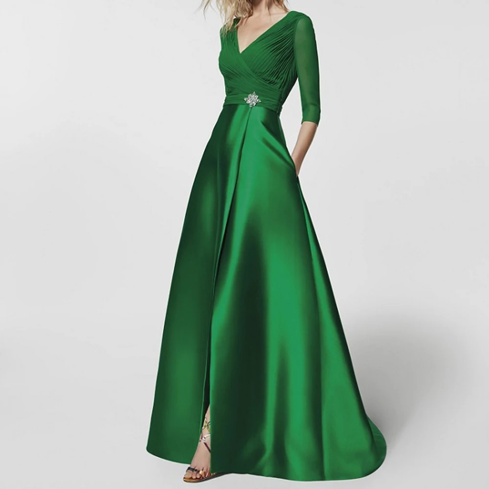 

Elegant Green A-line Evening Dress 2023 V-neck Half Sleeves Beads Slit Satin Prom Formal Gowns Vestidos Robes De Soirée