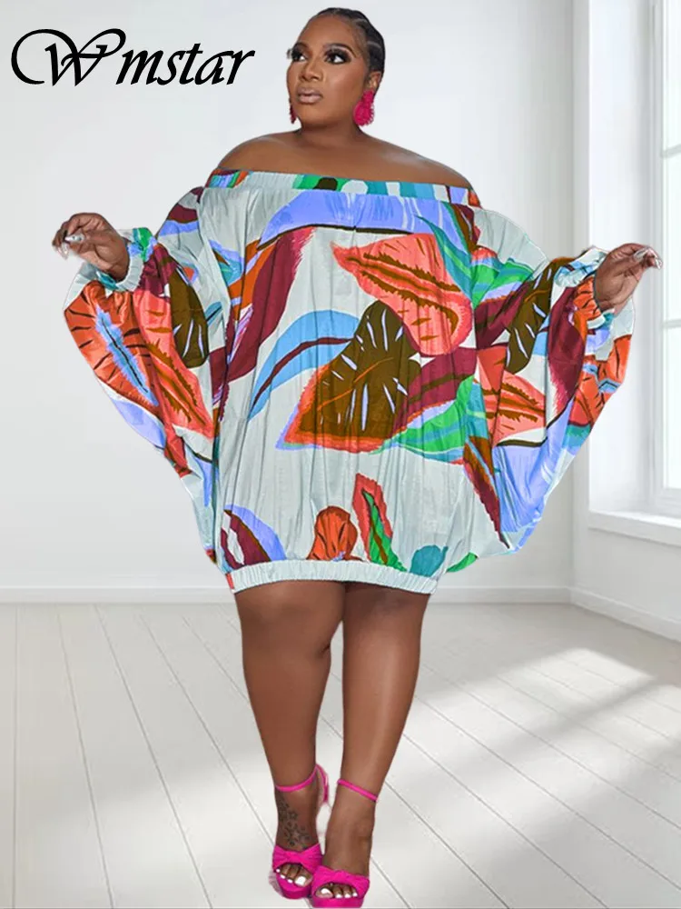 Wmstar Plus Size Dresses for Women Floral Printed Chest Wrap Off Shoulder Elegant Mini New In Dress Wholesale Dropshipping 2023