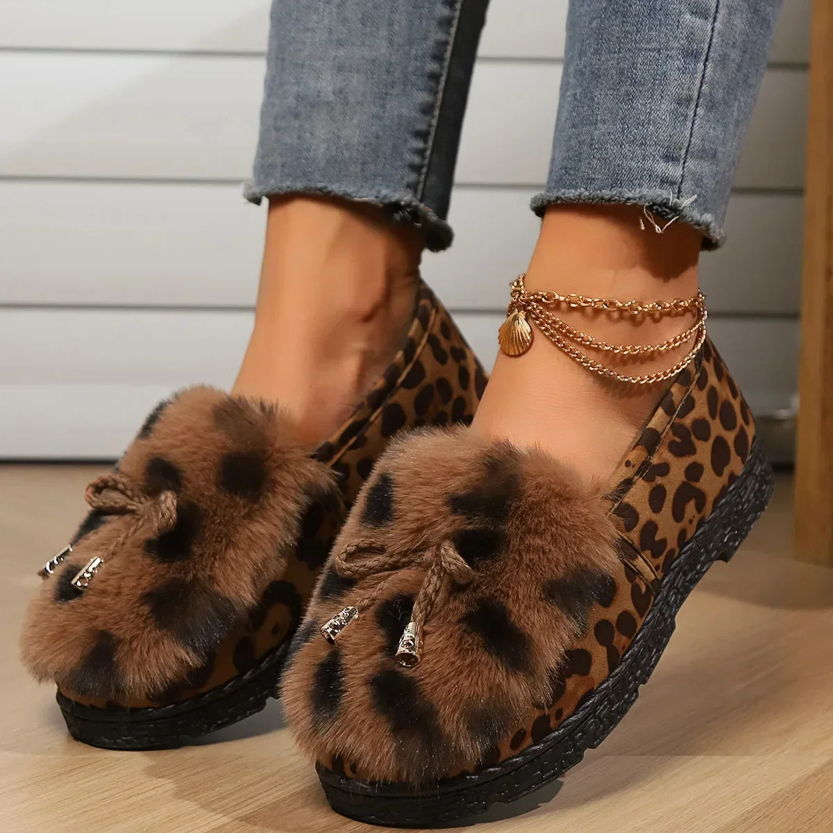 Women Fluffy Fur Snow Boots Winter Leopard Print Flat Heels Thicken Plush Cotton Padded Shoes Female Warm Ankle Botas