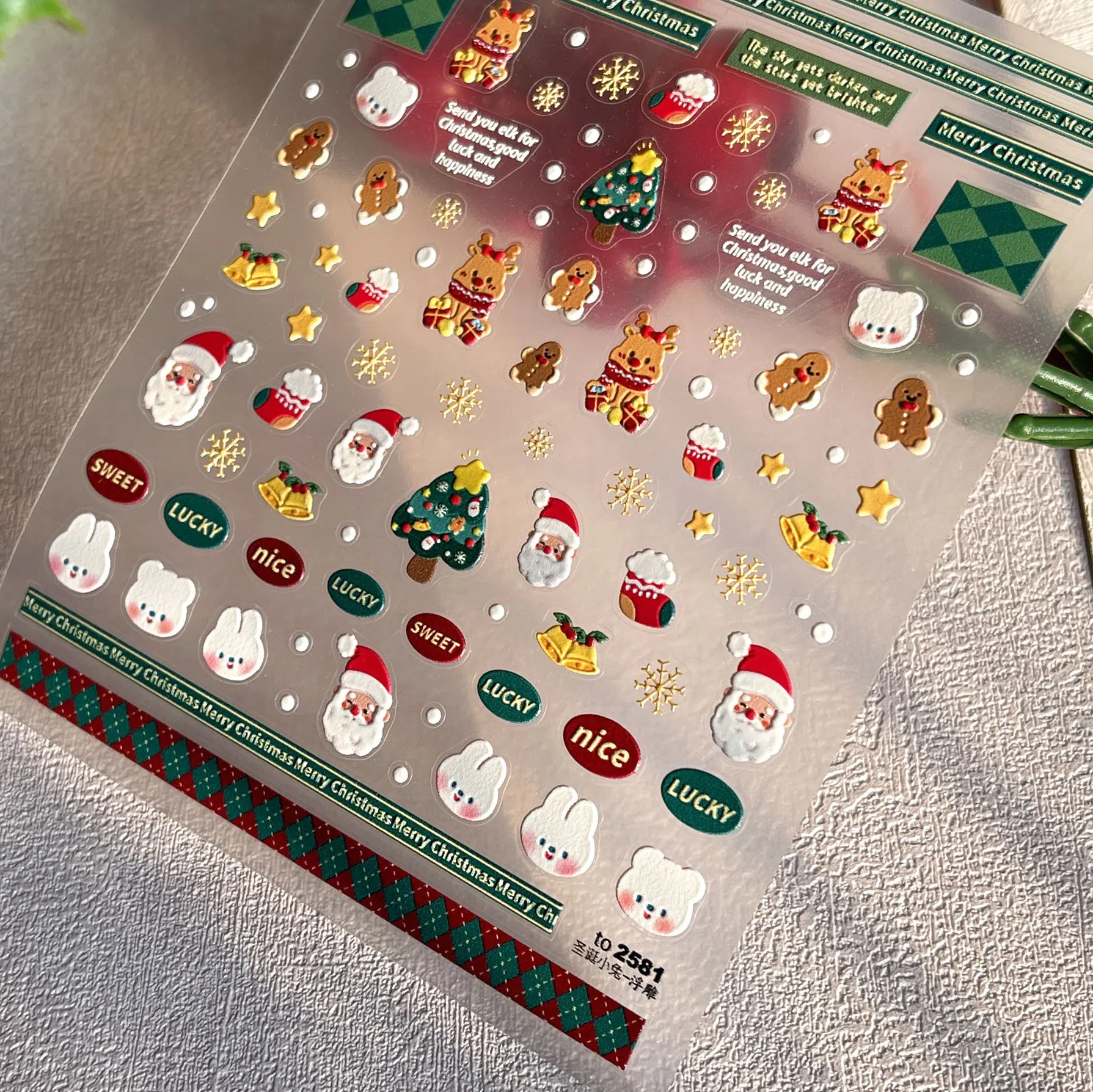 1 unidad de pegatinas para decoración de uñas en relieve 5D, pegatinas para uñas simples y bonitas de alta calidad, diseño de conejito de Navidad, pegatinas para decoración de uñas