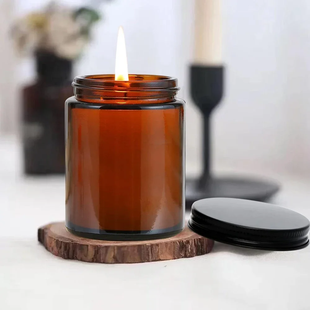 20oz Amber Candle Jars ,Round Glass Jars with Black Lids,Empty 250ml Glass Candle Making Jars Bulk Thick Small Food Storage