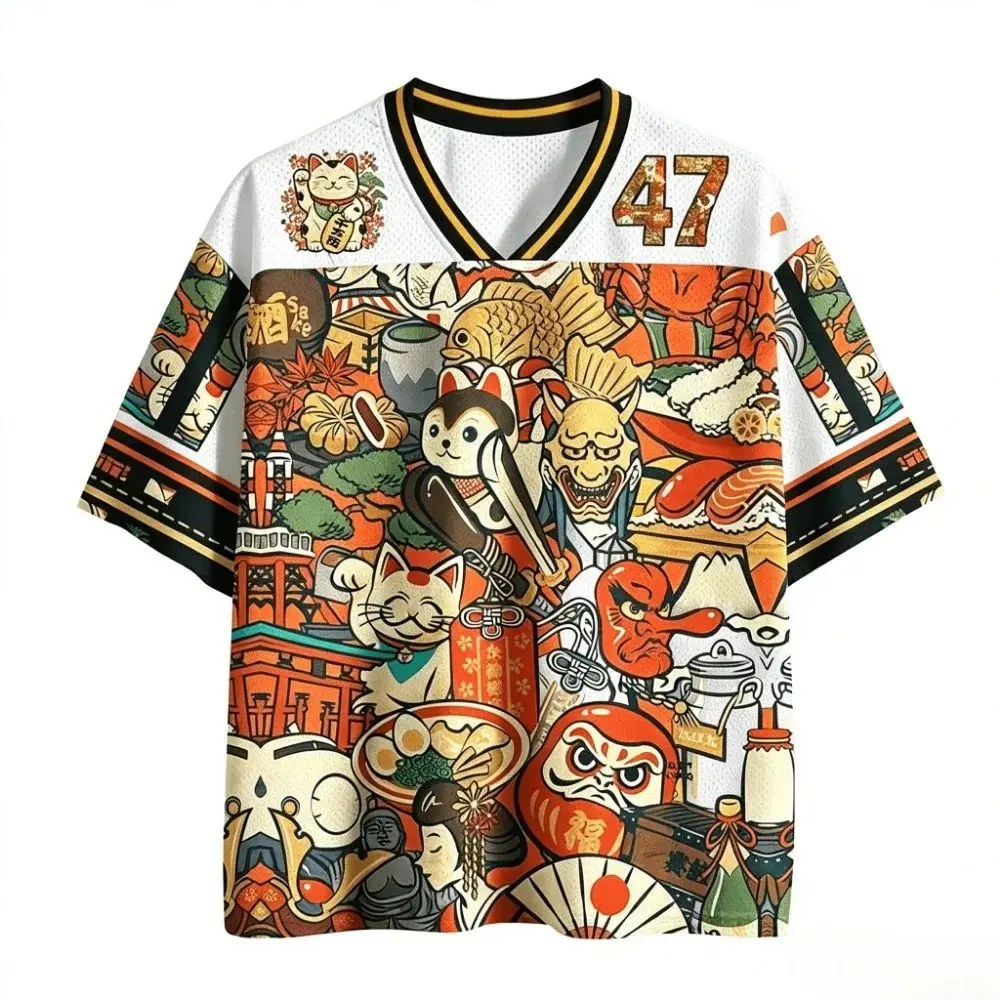 Latest Y2K Summer Japanese Ukiyo-e Lucky Cat 3D Printed Breathable Quick-Drying Men's V-Neck T-Shirt