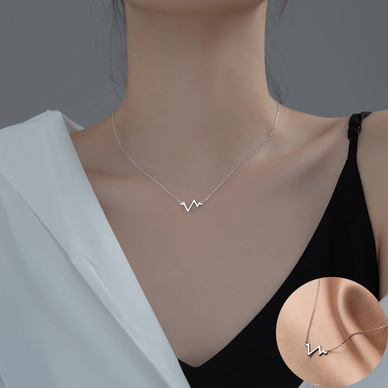 100% 925 Sterling Silver Geometric Necklace for Women Girl Electrocardiogram Wave Fine Chain Jewelry Party Gift Dropshipping