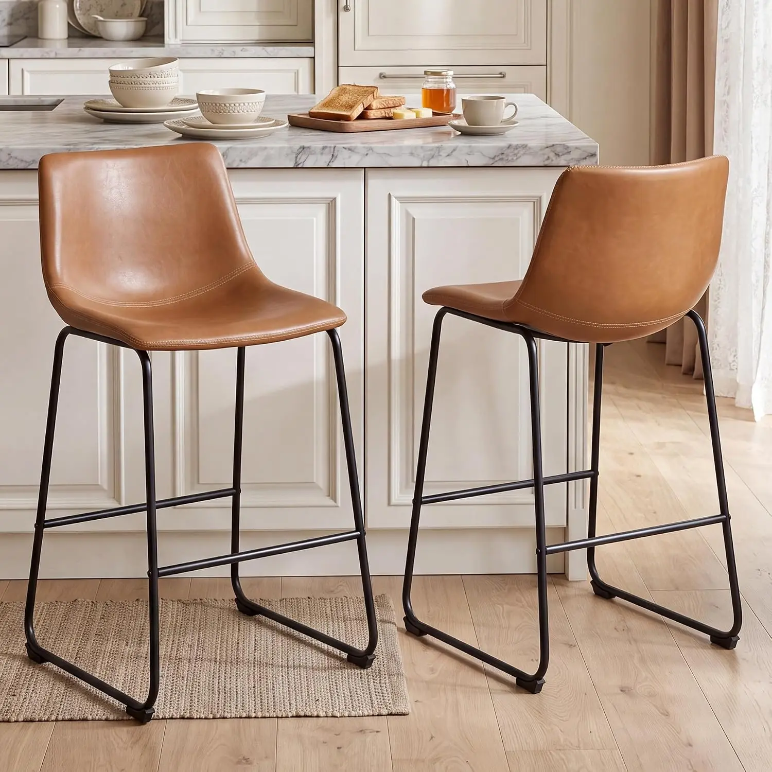 Modern Barstools 26 Inch PU Leather Metal Legs Footrest Armless Back Kitchen Island Chair Set Of 2, Customized