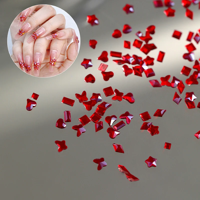 

50Pcs Red Crystal Nail Art Rhinestones Mixed Shape Nail Diamonds Strass AB Flatback Gems Charms