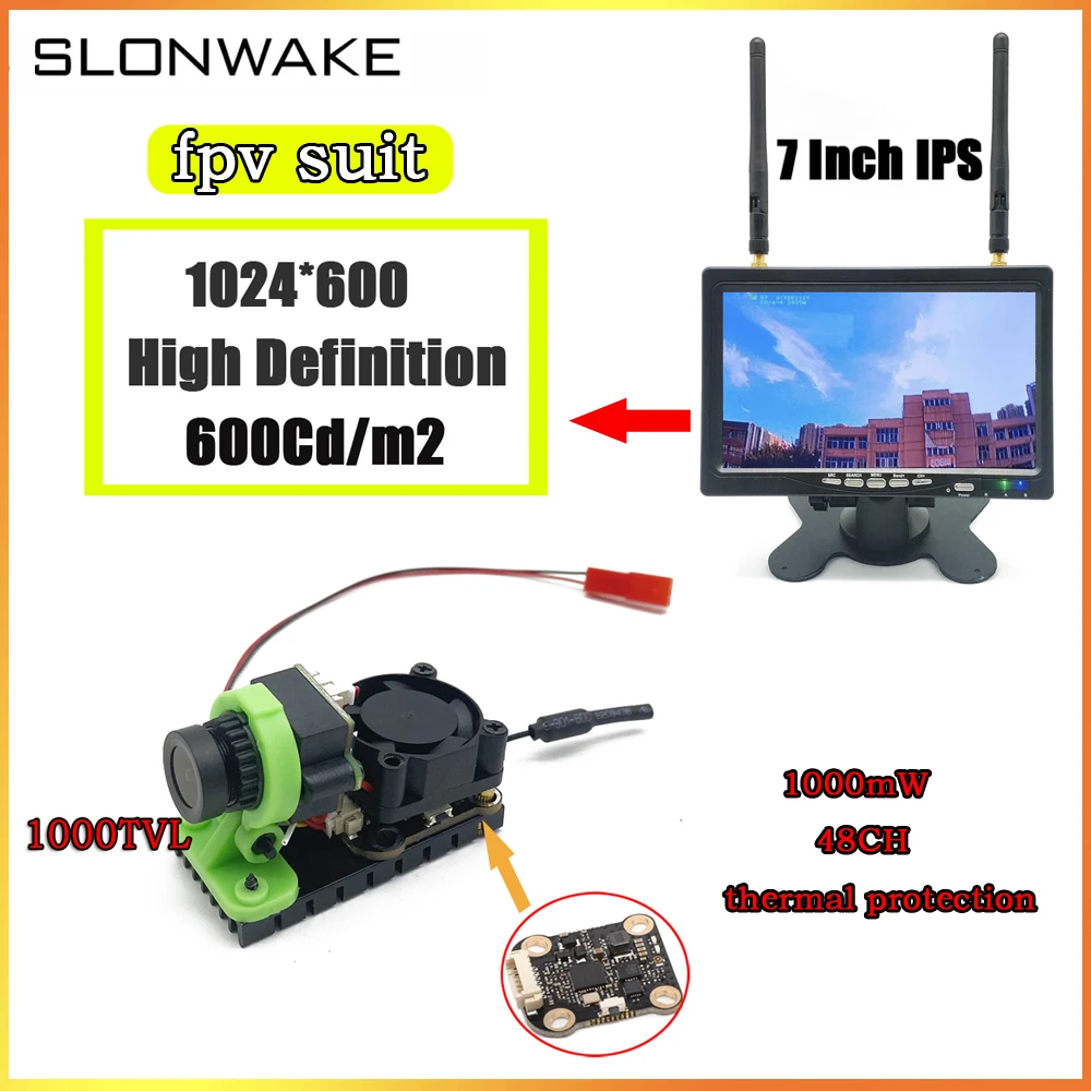 SLONWAKE fpv UAV image transmission  module 1000mW long distance 5.8g 7 inch IPS high definition high brightness display suit