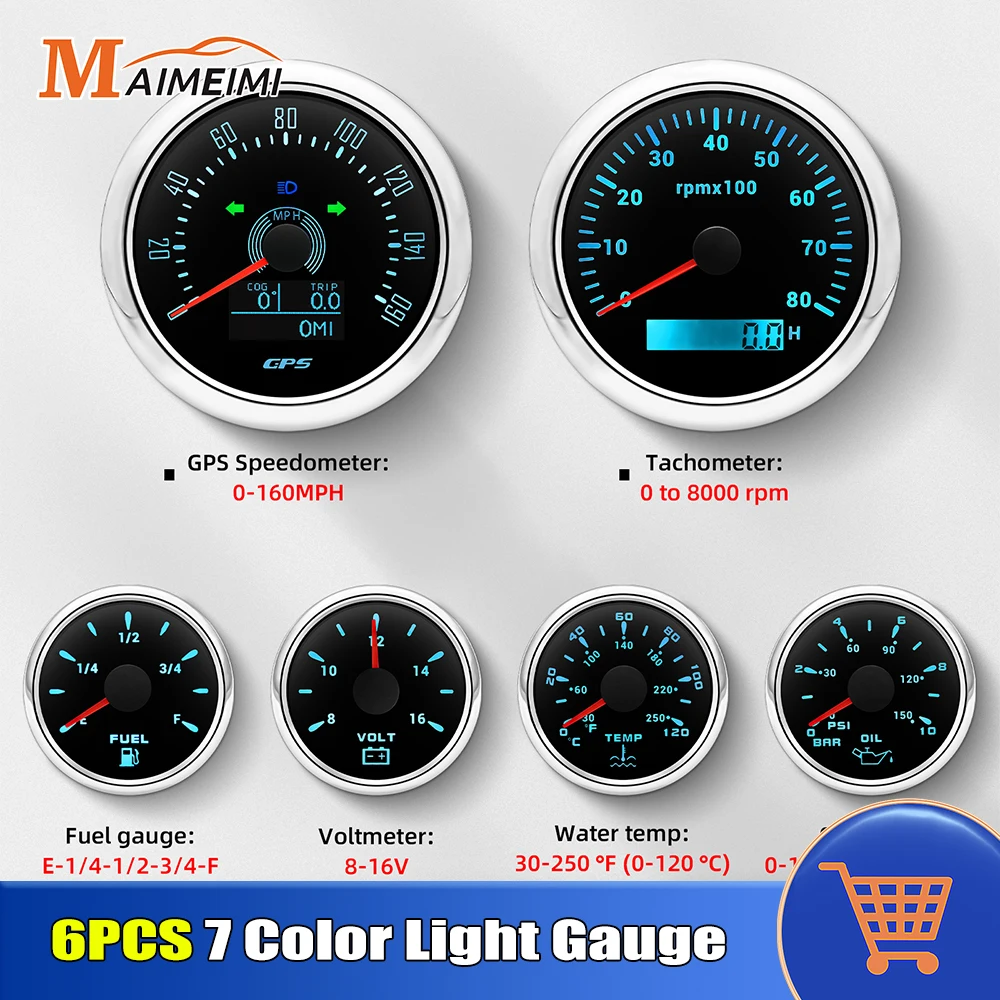 6pcs Gauge Set 160MPH GPS Speedometer 8000rpm Tachometer Water Temp Fuel Voltmeter Oil Pressure Meter With Sensor for Boat Car