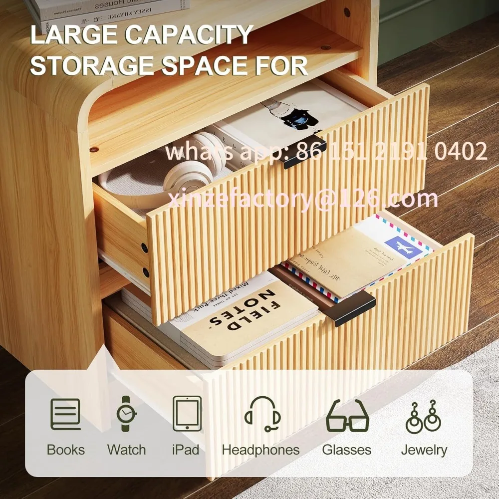 

Customizable 24" Fluted Nightstand with Charging Station, Wooden End Table with 2 Drawers Storage, Curved Profile Design, Modern