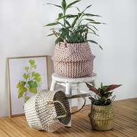 Foldable Woven Storage Pot Garden Flower Vase Hanging Basket with Handle Storage Bellied Basket  Woven Basket