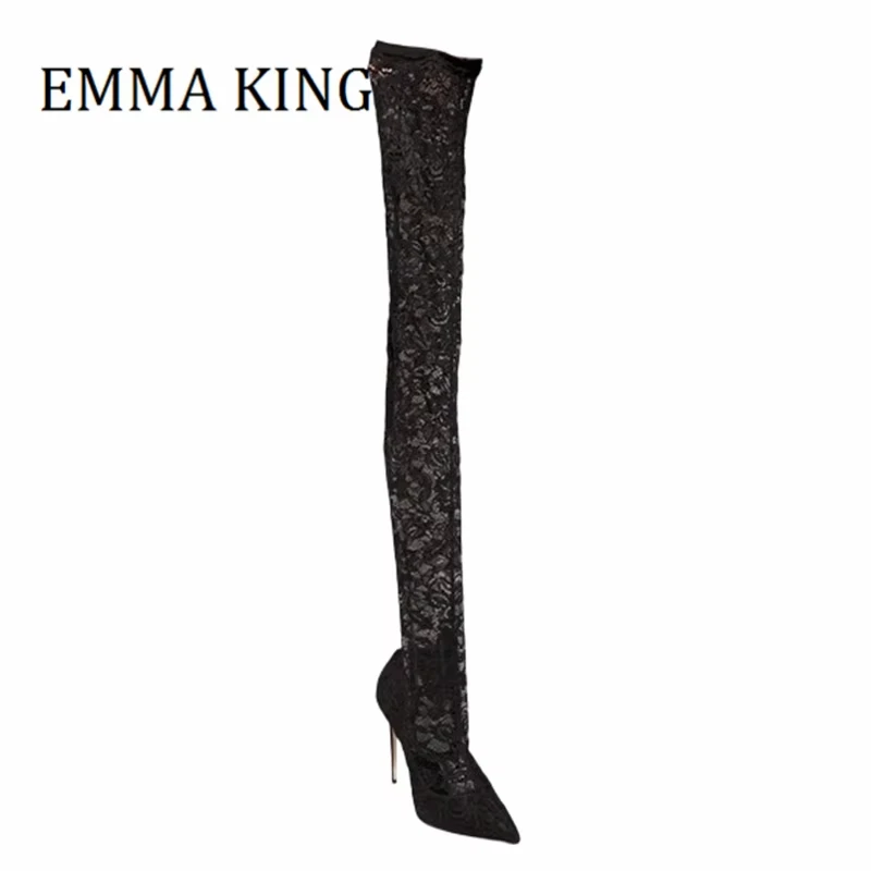 النساء الأسود الدانتيل الفخذ أحذية عالية مثير أشار تو عالية كعب ستيليتو فوق الركبة التمهيد موضة الانزلاق على السيدات عالية الكعب بوتاس #4