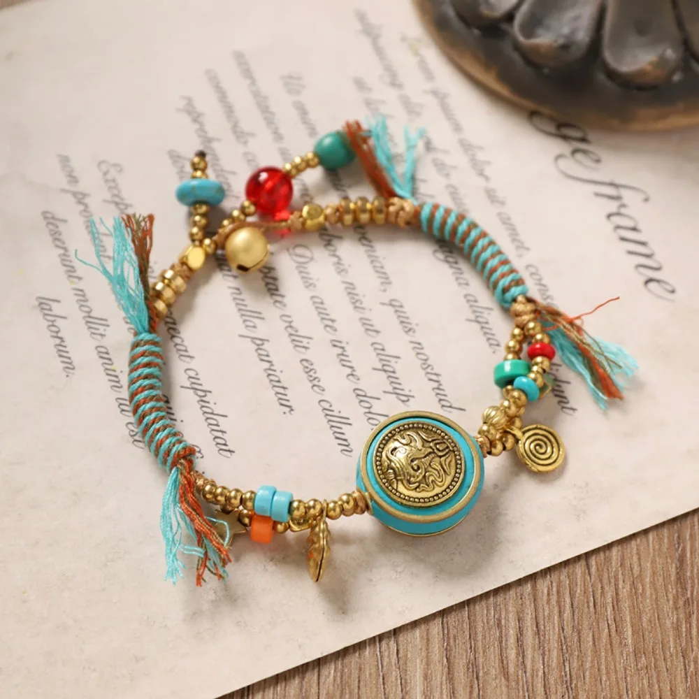 

Fashion Adjustable Woven Hand Rope Copper Retro Ethnic Style Bracelet Hand Jewelry Bohemian Beads Braided Bracelet Girls