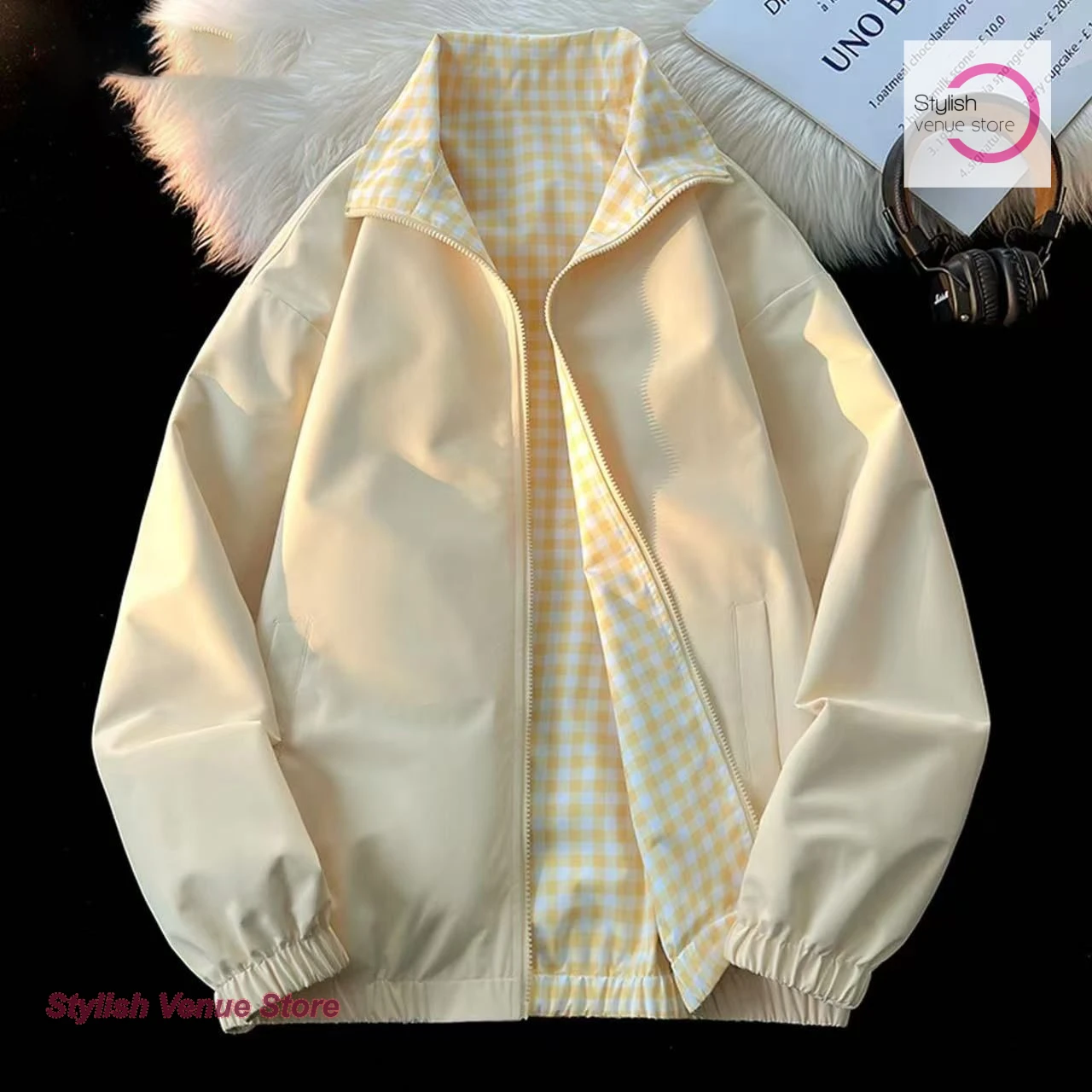 American style fashion retro two-sided plaid jacket jacket women's spring and autumn new casual lapel wide coat loose Joker.